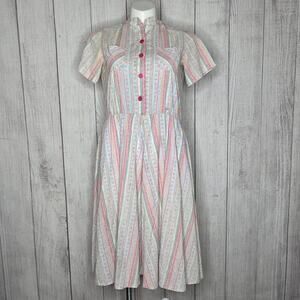 Vintage Handmade Pastel Stripe Floral Dress w/ Mandarin Collar, Costume/Project